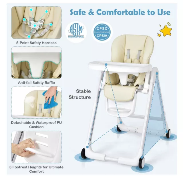 Foldable Feeding Chair Adjustable Height Detachable Double Trays Highchair 