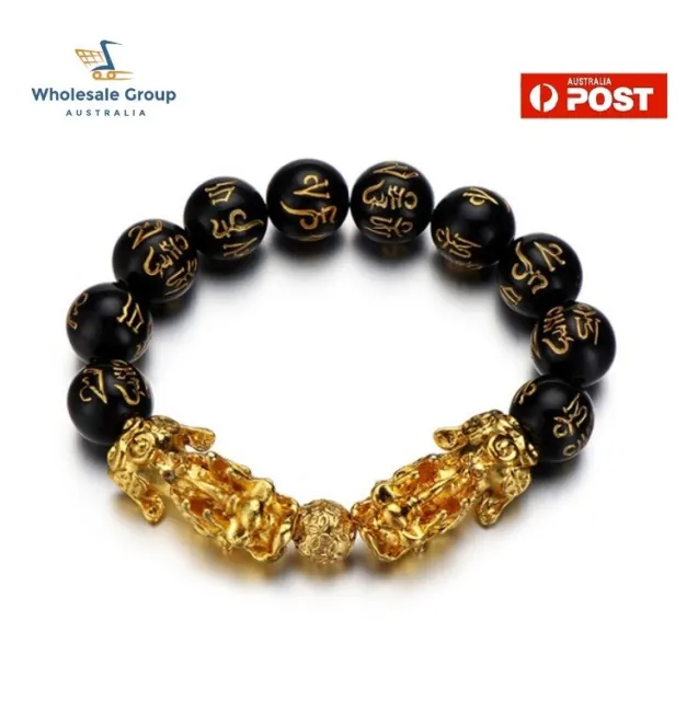 14Mm Black Feng Shui Gold Obsidian Bracelet Wealth Good Luck Gift Bead Pixiu