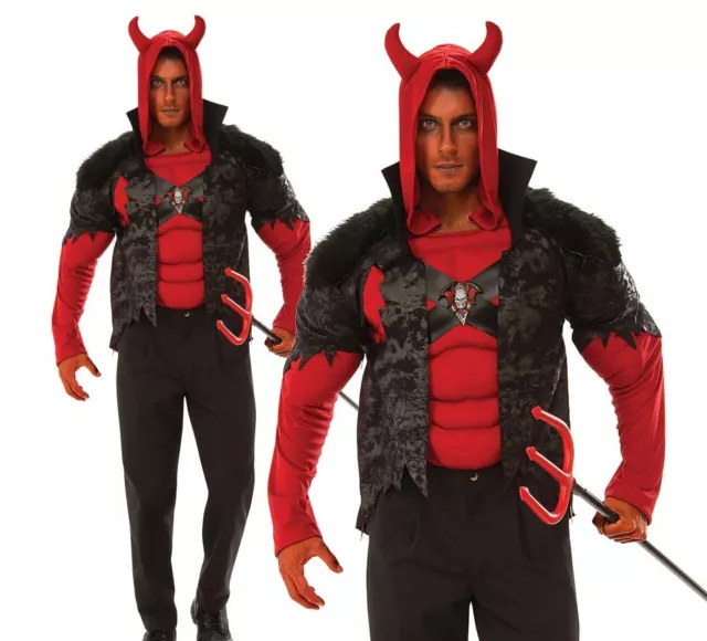 Adult DELUXE RED DEVIL Hooded Muscle Chest Mens Fancy Dress Costume Halloween