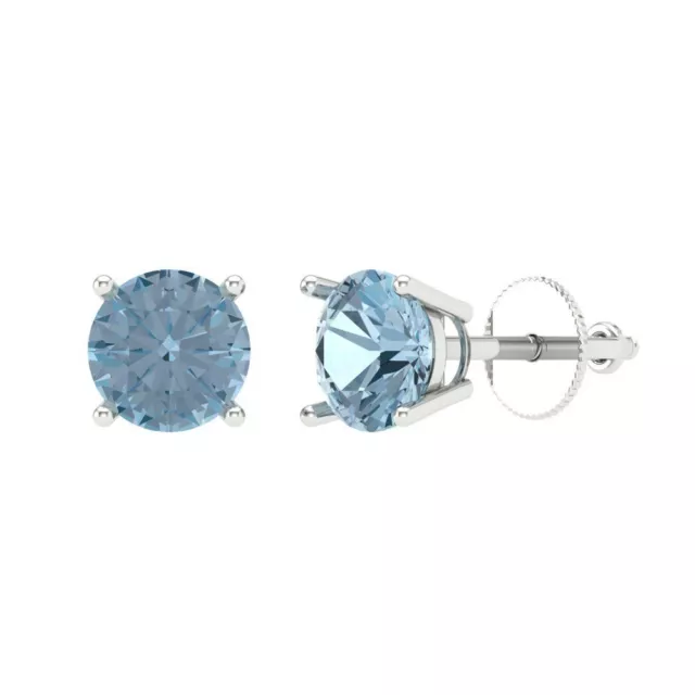 1.0 Round Cut Solitaire Classic Stud Natural Aquamarine Earrings 14k White Gold