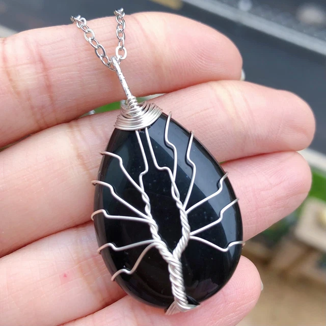 Black Onyx Gems Tree Of Life Necklace Water-drop Chakra Reiki Healing Amulet