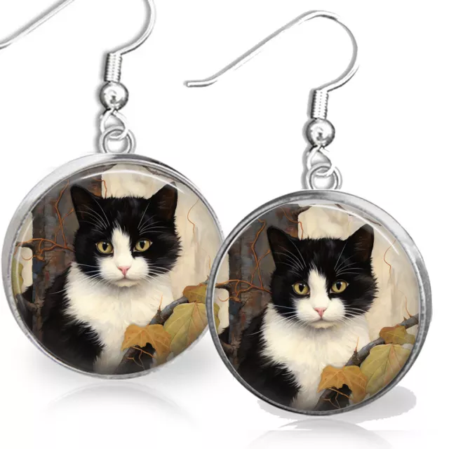 Black White Tuxedo Cat .925 Sterling Stamped Dangle Earrings Tux Cat Mom Gift