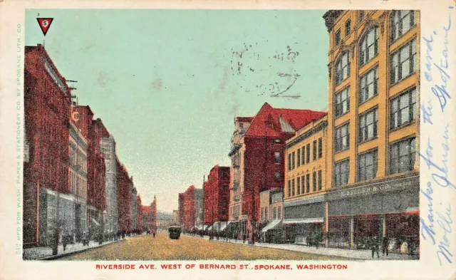 Spokane Wa~Riverside Ave West Of Bernard St-Storefronts 1906 Postcard