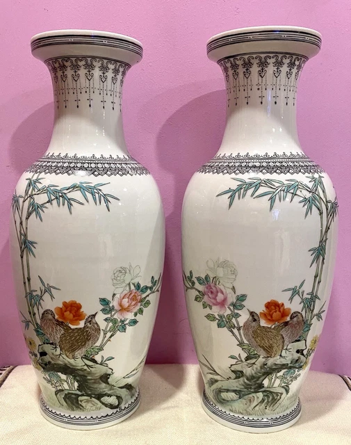 VTG Pair of Chinese Jingdezhen 567 Porcelain Vases 1950s（567瓷景德镇50年代粉彩杏林春燕瓷瓶成对）