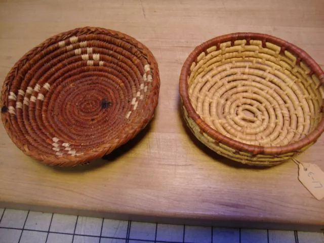 Lot of 2 Round Woven Coiled Baskets Small hand Made