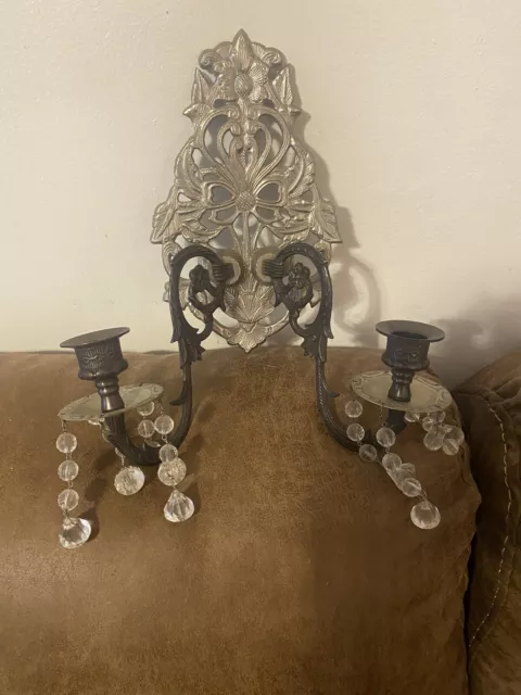 Vintage Cast Iron/Brass Dual Candle Holder Sconce Wall Hanging Made In India 2