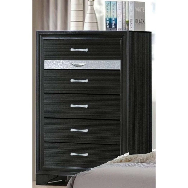 Two Tone Wooden Chest With Six Drawers, Black And Silver Black 6-drawer