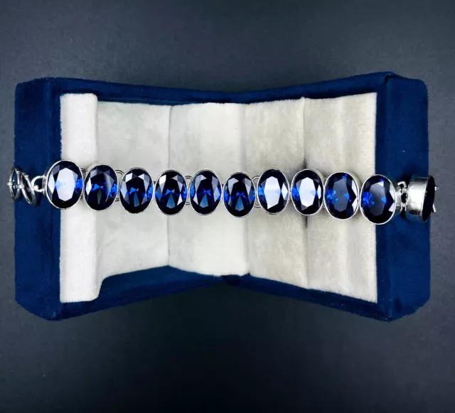 925 Sterling Silver Blue Tanzanite Gemstone Handmade Jewelry Chain Bracelet