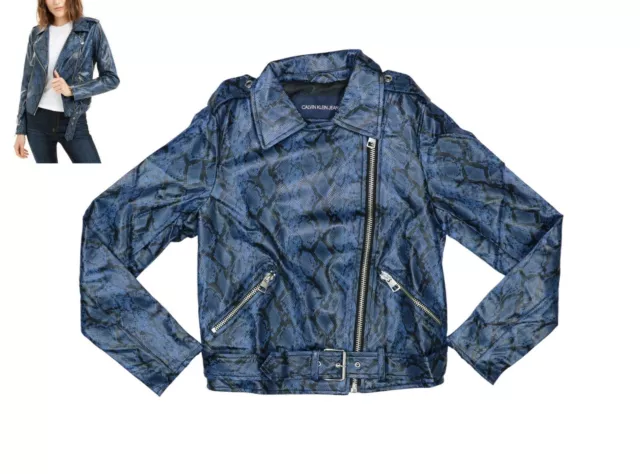 Calvin Klein Jeans Faux Leather Python Print Women's Moto Jacket XL NWT Indigo