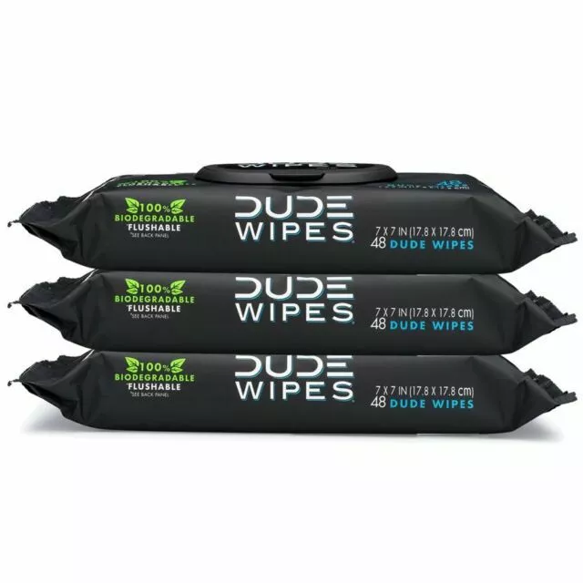 Dude Wipes Flushable Wipes Dispenser (3 Packs 48 Wipes), Unscented Wet Wipes wit