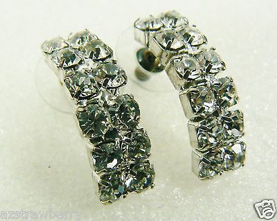 Pretty Silver Tone Clear Crystal two row rhinestones half moon earrings