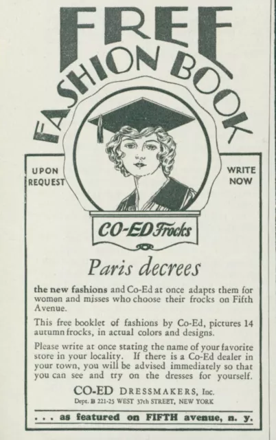 1928 Coed Frocks Dressmakers NYC Free Paris Fashion Book Vintage Print Ad PR2