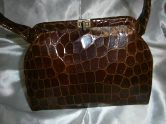 Kroko Leder Tasche braun  original 50er  Bügeltasche Henkeltasche  Vintage #32