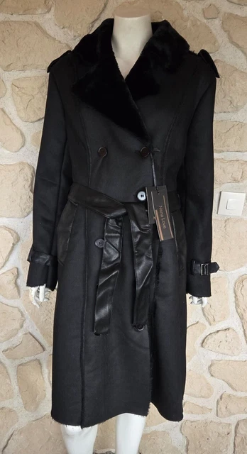 Manteau Long Style Aviateur ALEXANDRA BY BETTINA SANZ - Taille 36 (S) - Col Fausse Fourrure Marron