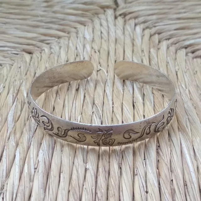 Pulsera Brazalete De Plata Y Símbolos Tallados Tibetanos Con Joyería Vintage