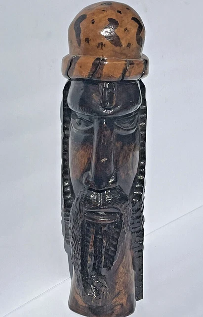 Vintage Hand Carved Wooden 14" African Jamaican Bearded Man Bust Head Statue