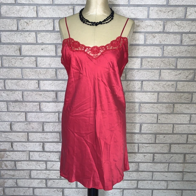 VINTAGE BIAS CUT Red Silk Opaque Slip Dress With Floral Scalloped Lace ...