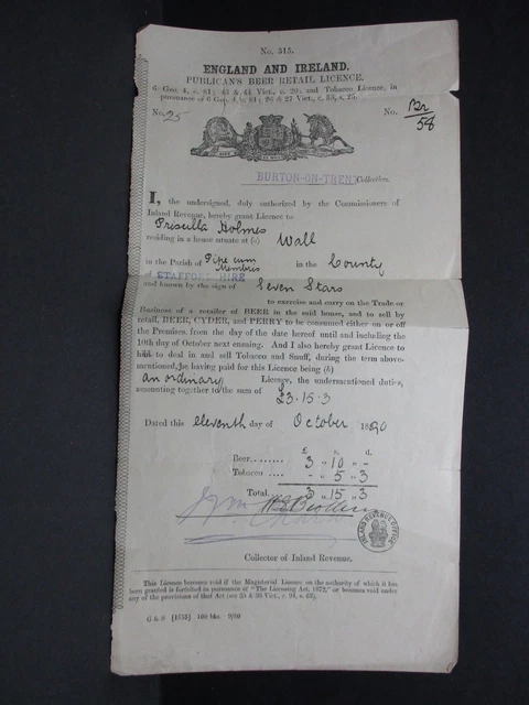 Priscilla Holmes, Seven Stars, Pipe Cum Membris, Staffs Publican's Beer Licence