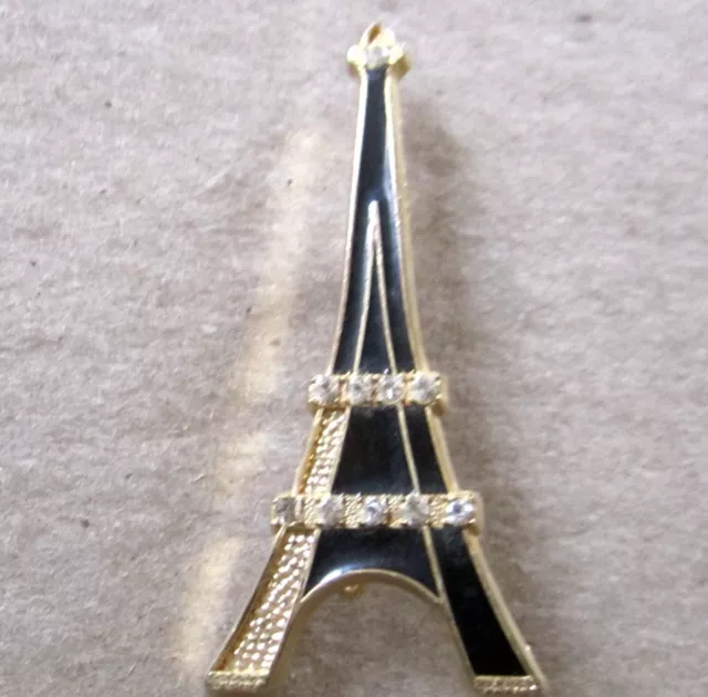 Black Enamel Rhinestone Brooch Pin Eiffel Tower Paris France SAP Polyne HB5