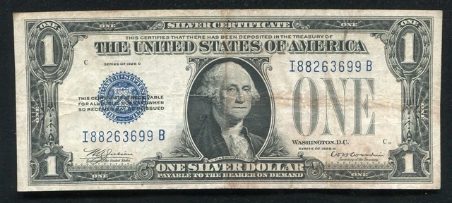 Fr. 1604 1928-D $1 One Dollar “Funnyback” Silver Certificate “I-B Block” Vf
