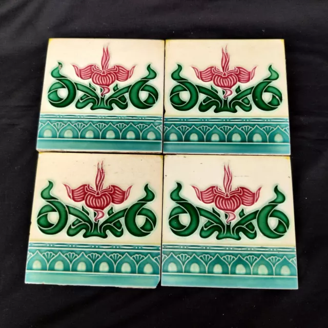 Vintage 4 Pieces Embossed Majolica Art Nouveau Architecture Tile Japan CT122