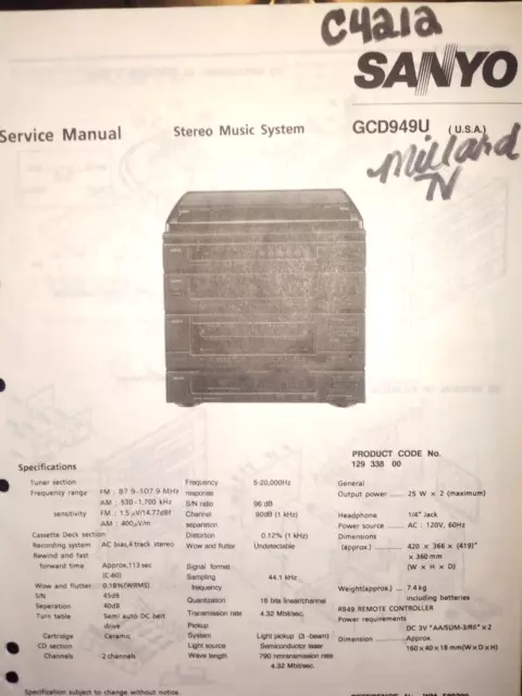 Sanyo Gcd949U Stereo Music System Original Service Manual