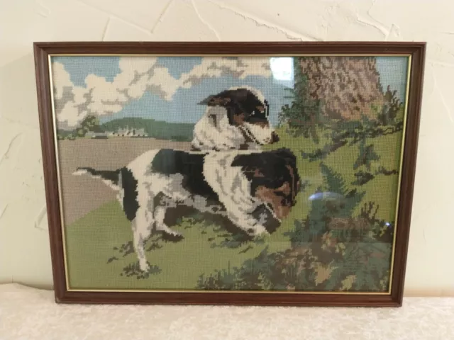 Vintage Large Needlework Tapestry Embroidered Picture - Jack Russell Terriers