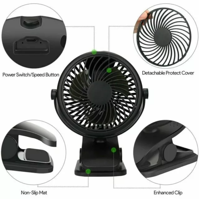 USB Rechargeable 3 Speeds Mini Cooling Fan Clip On Desk Baby Stroller Cooler Fan