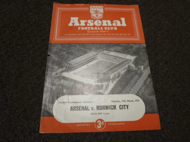 ARSENAL reserves  v  NORWICH CITY reserves  1954/5  MARCH 19th