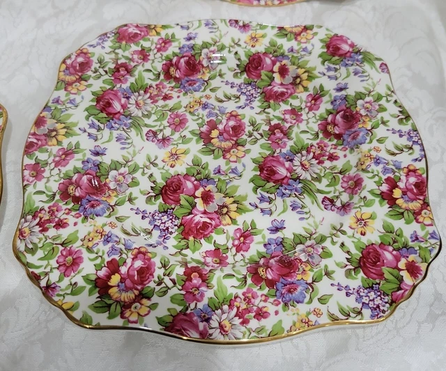 4 Royal Winton Summertime Grimwades Rose Chintz Square  Salad Plates England 8" 3