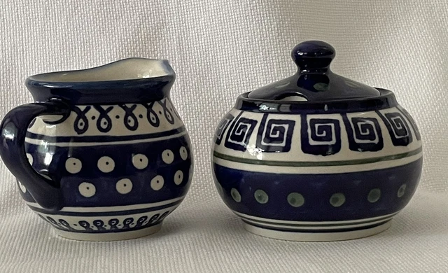Polish Pottery SUGAR BOWL & CREAMER BOLESLAWIEC Blue White