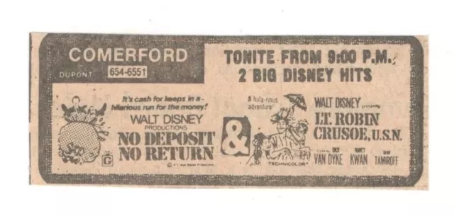 1976 DISNEY DOUBLE FEATURE MOVIE AD Vintage 1"X3.5" Newspaper Ad 1970's M604