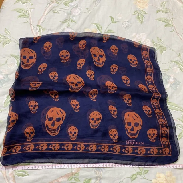 Alexander McQueen Scarf Stole Navy Blue Orange Skull Pattern 100%Silk