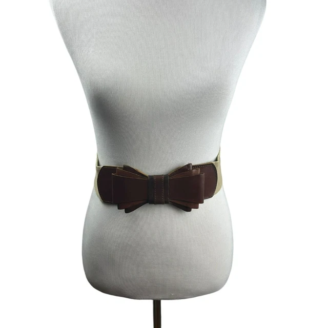Vintage Leather Bow Stretch Belt Women Large Gold Metallic Thread Brown Unique