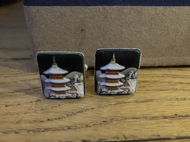 Vintage Hand Painted Toshikane Japan Porcelain/Enamel Cufflinks Sterling Silver