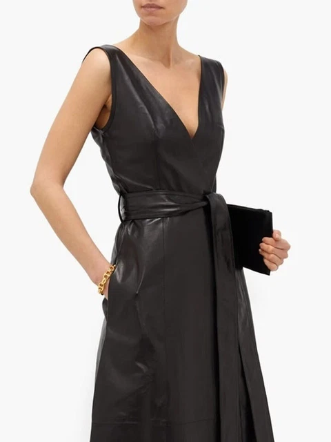 Robe en cuir pour femme Robe de soirée cocktail en cuir d'agneau véritable...