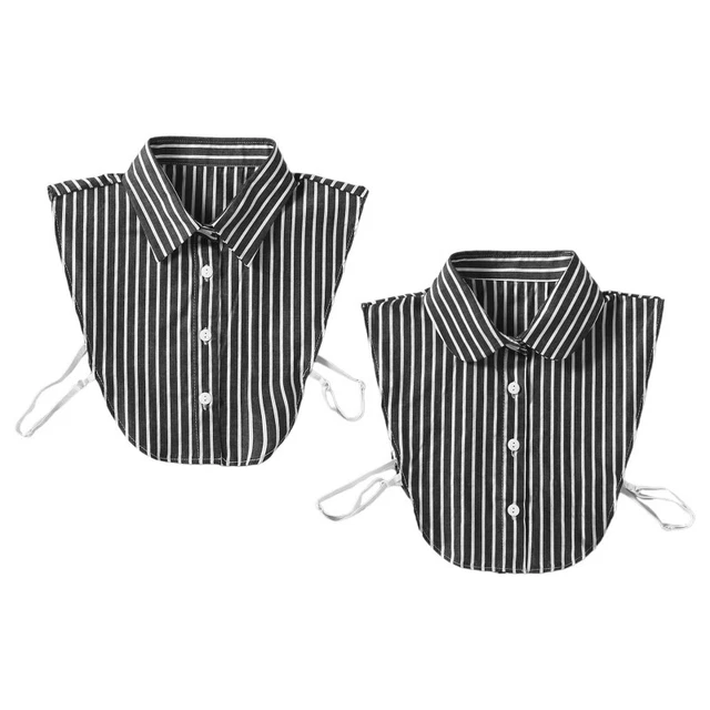 Women Vertical Stripe Print False Collar Detachable Lapel Half Blouse Top