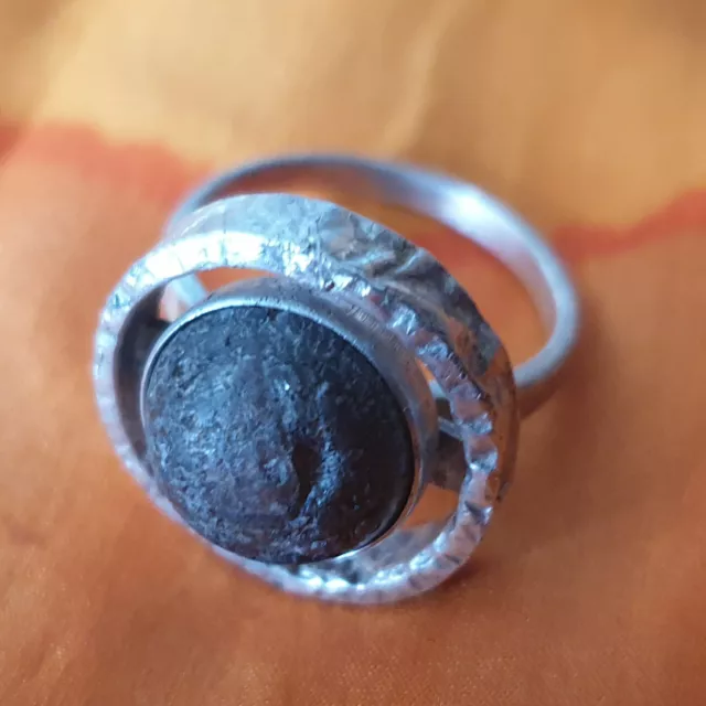 Bague Vintage Artisan Moderniste Brutaliste En Argent 925 Sertie Météorite T 55