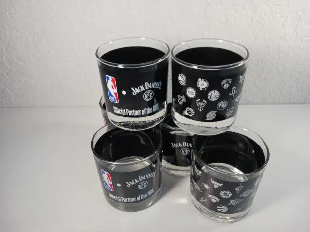 Set of  6 Jack Daniels Old No 6 Whiskey NBA Team Logos Rock Bar Tumbler Glasses