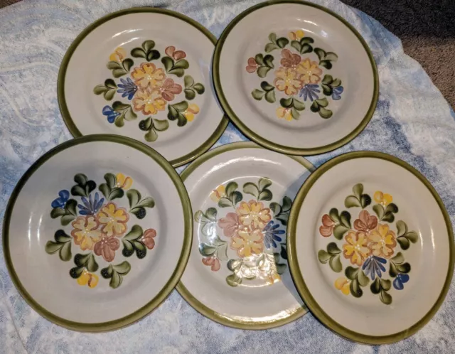 5 Vtg Louisville Stoneware Country Flower Green Rim Dinner Plates 11" Kentucky💐