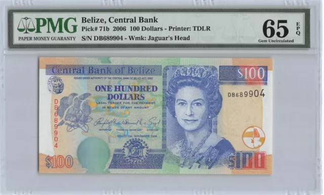 Belize   $100  1.11.2006  P 71b  Series  DB  PMG 65 EPQ  Uncirculated Banknote