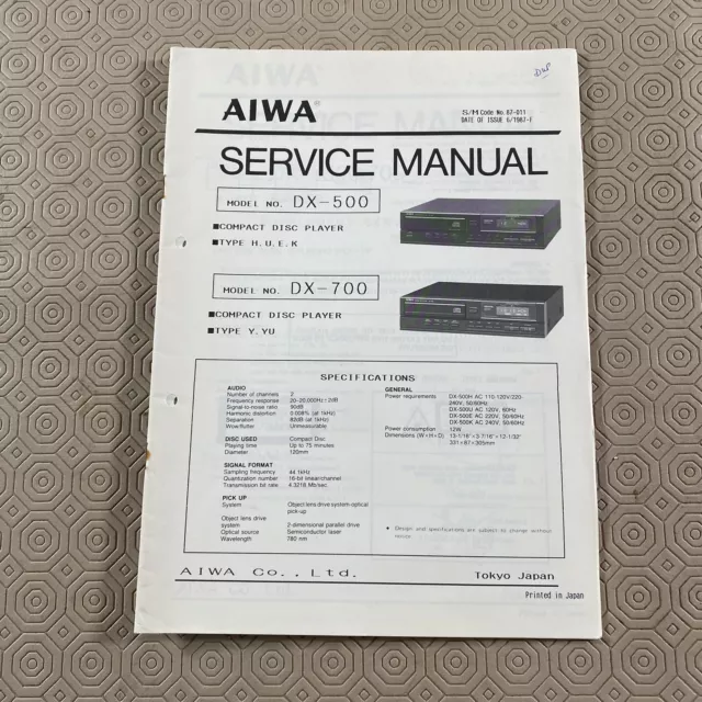 Original Service Manual for Aiwa DX-500 / DX700 Compact Disc CD Player 6/1987