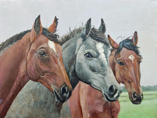 Caballo Gris Marrón Tres Caballos Realista Mano Original Pinturas Al Óleo...