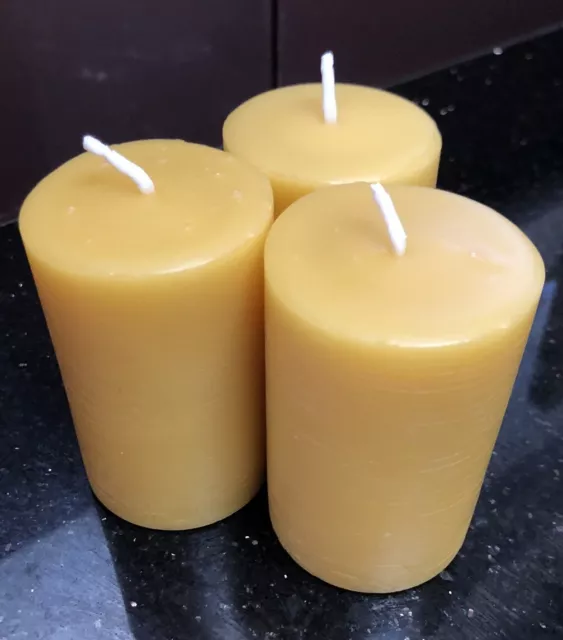 3 X Small 100% Pure Australian Beeswax, Pilar Candle 7.5cm High 5cm Wide 20hrs