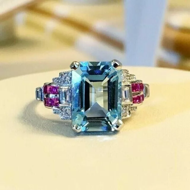 4Ct Emerald Cut Aquamarine & Ruby Diamond Engagement Ring 14K White Gold Finish 3