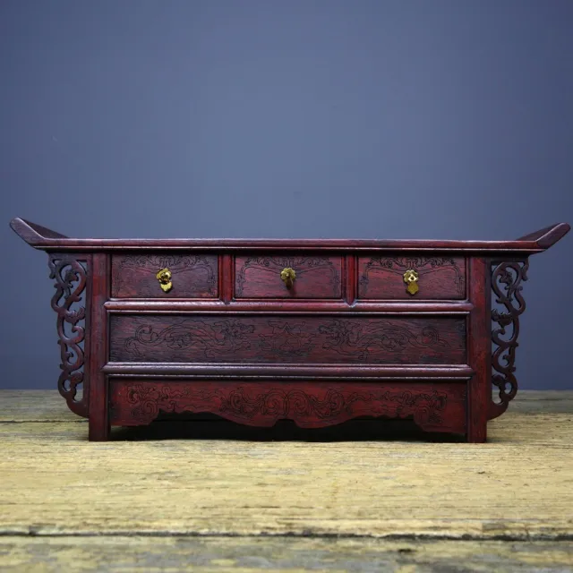 Chinese Antique Vintage Wooden Statue Carvings Rosewood Writing Desk Decor Art