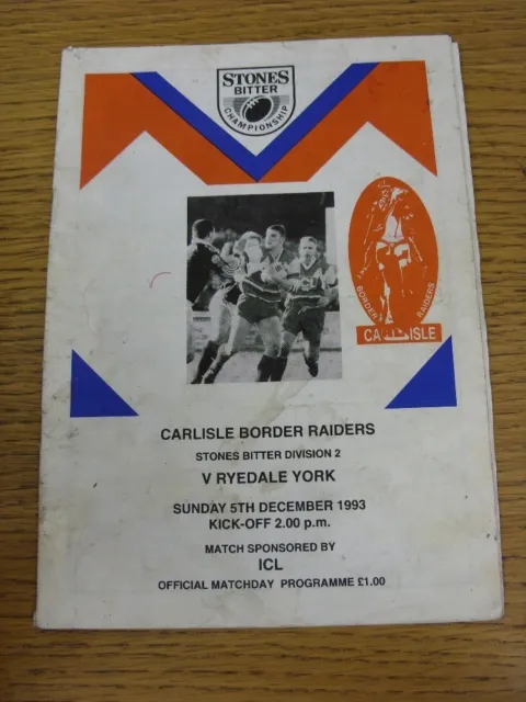 05/12/1993 Rugby League Programme: Carlisle v Ryedale York (Heavy Marked, Crease