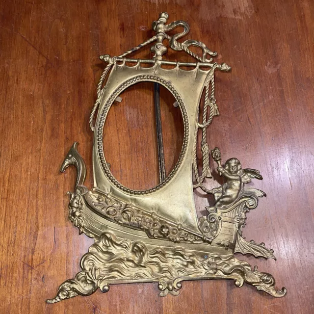Antique Brass Metal Gold Color Picture Frame Cherub with Sail Boat