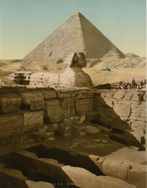 Les Pyramides Le temple du Sphinx et la Grande Pyramide. PZ vintage photochromie