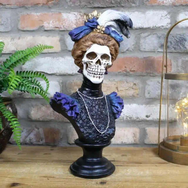 Skeleton Ornament Bust Victorian Lady Hat Feather Black Purple Resin Home Decor